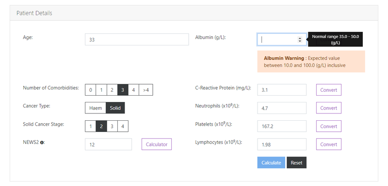 CORONET website - form with example data, expected range and warning