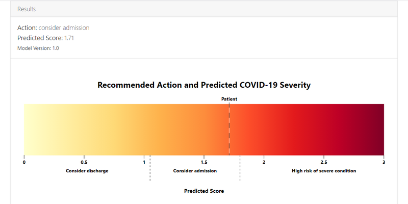 CORONET website - diagnostic tool result with score, outcome and a simple visualization.