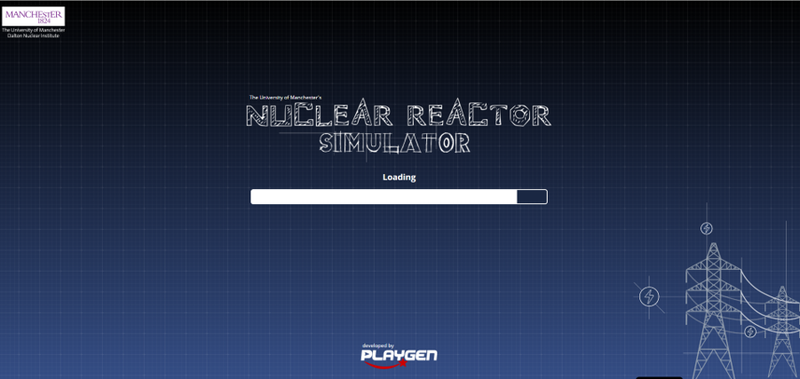 Screenshot of the Dalton Nuclear simulator - blue background with the words "Nuclear reactor simulator" in white in the middle of the page with an image of some electricity pylons in white in the bottom right hand corner