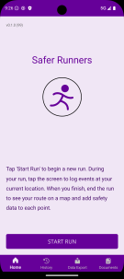 Screenshot of the home page of the Safe Runners app. Light purple back ground with a dark purple stick figure running inside a circle in the middle of the screen.