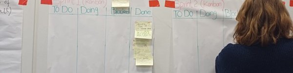 Someone with their back to the camera sorting out post it notes on a white wall