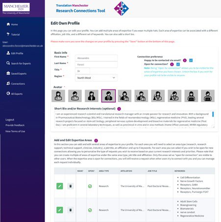 Screenshot of the User Profile Page for Individuals: Users can add basic information on their profile including a short bio (optional but searchable) and several areas of expertise with associated keywords.