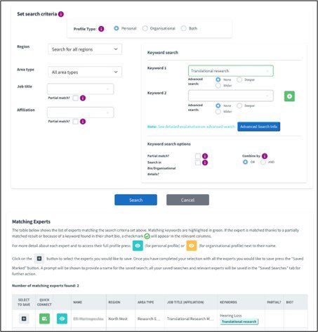 Screenshot of Search functionality allows to find experts based on certain criteria including keywords. Once experts are identified a connection request can be sent.