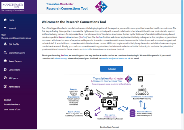 Screenshot showing the Research Connections Homepage after the creation of a profile. Users can edit their profile, search for experts, manage their connections and browse all available expertise.