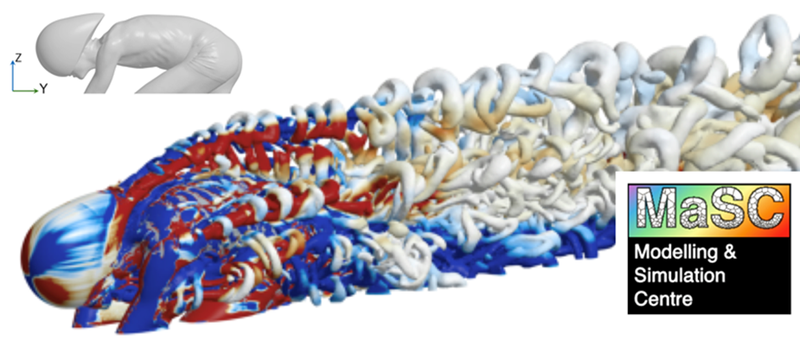 Turbulent flow over the upper half of a cyclist model, showing iso-contours of velocity invariant Q