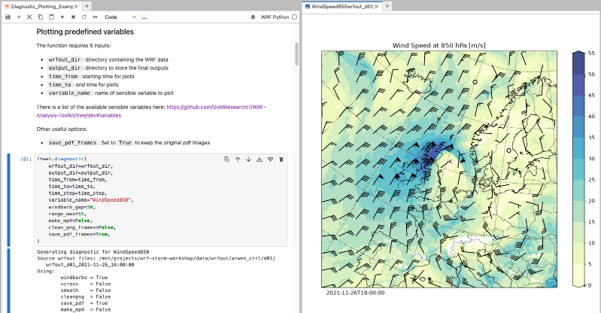 A screenshot of the portal. Screen is split in 2 with the left hand side showing code and the right hand side showing a map with wind speed modelling overlaid