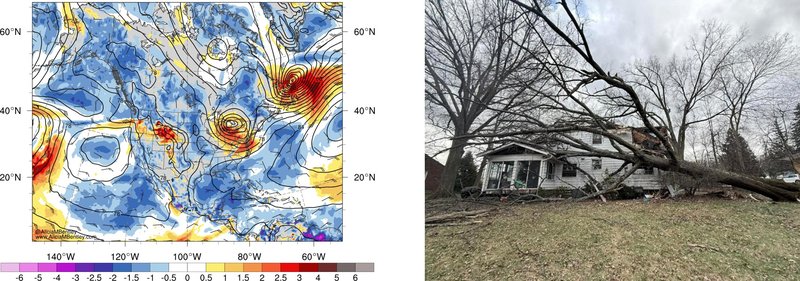 Two images - the left hand side one is a chart showing wind speeds in colours of red, white and blue.  The right hand side one shows a tree crushing a white house with a black roof on a green hill.  The tree has collapsed on the roof.