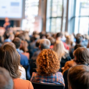 A group of people at a conference.  They are sitting down and the photo was taken from behind so you just see the back of their heads. They are all looking at projection screen.