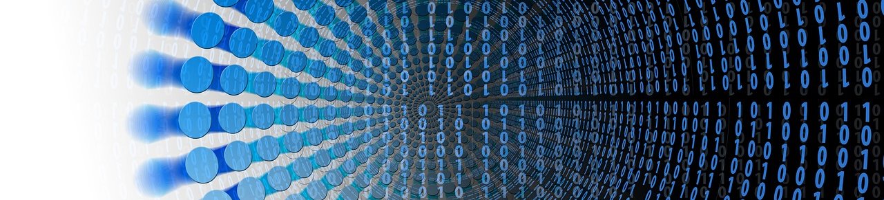 Lines of vertical binary code radiating out into concentric circles, the code is overlayed on a background of concentric circles of blue dots which increase in size as they radiate away from the centre point.