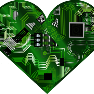 A green heart on a black background.  The green heart is filled with lines that look like circuit boards.