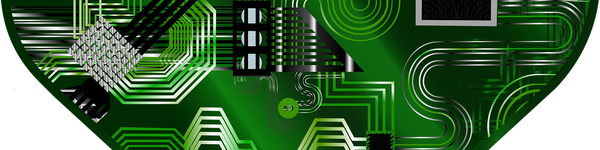 A green heart on a black background.  The green heart is filled with lines that look like circuit boards.